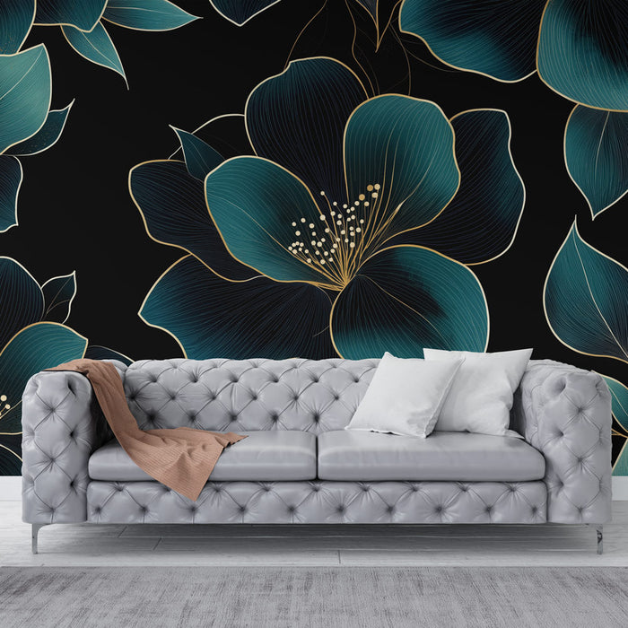 Mural Wallpaper floral black | Turquoise flowers with golden accents