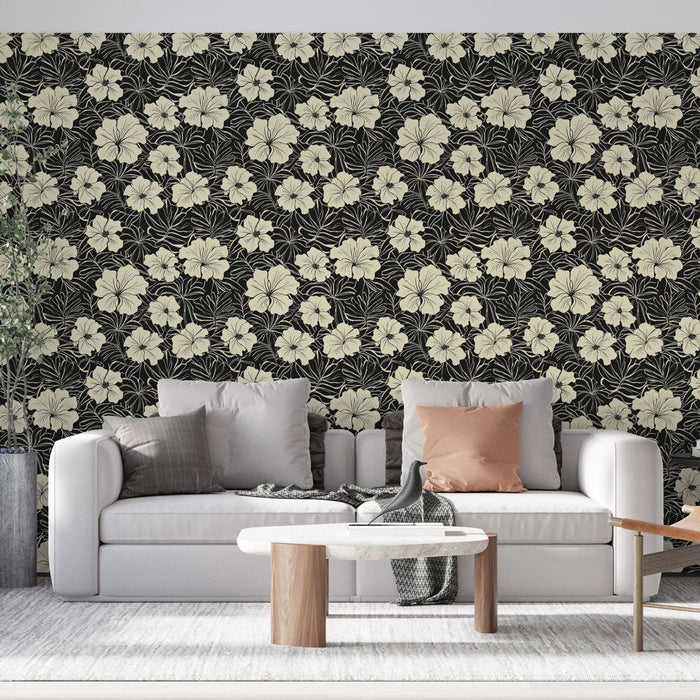Carta da parati murale floreale nera | Motivi floreali bianchi su sfondo scuro