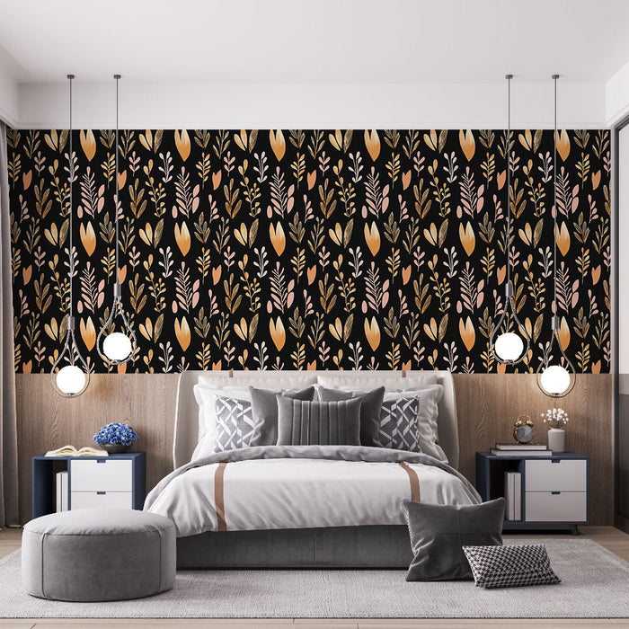 Mural Wallpaper floral black | A pattern of golden and pink flowers and foliage on a black background