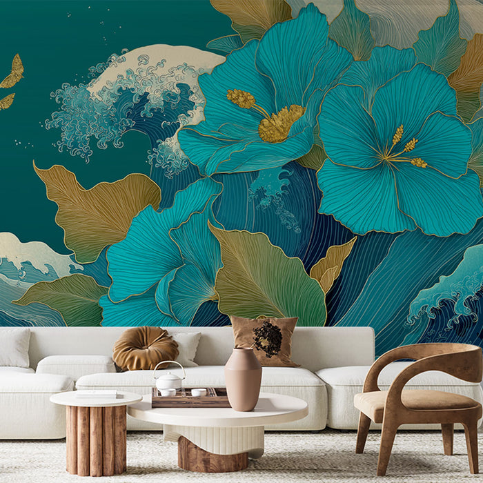 Oceanic floral mural wallpaper | Large turquoise flowers surrounded by stylized waves