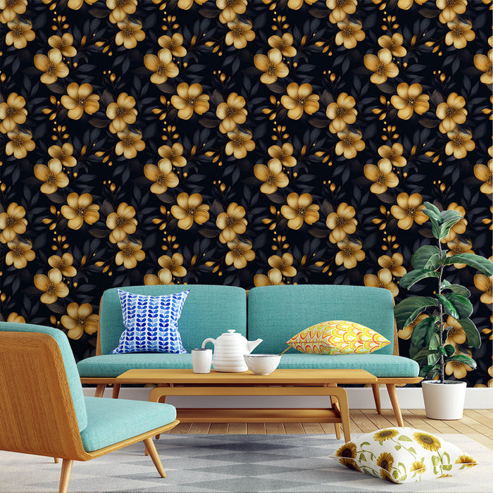 Tapete floral gold und schwarz | Goldene Blumen auf dunklem Hintergrund