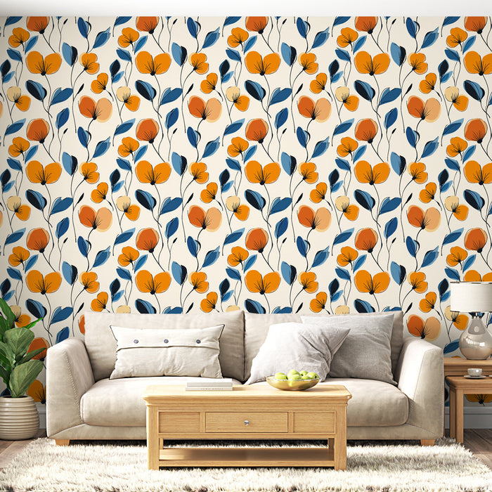 Fotó tapéta virágos narancssárga és kék | Stilizált virágminták világos háttéren