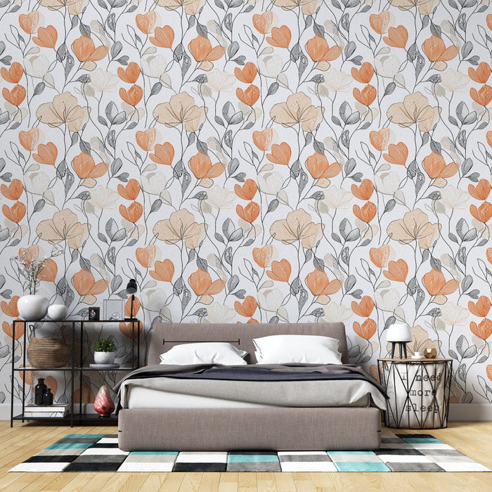 Fototapeet lilleline oranž ja hall | Õrnad lillelised mustrid valgel taustal