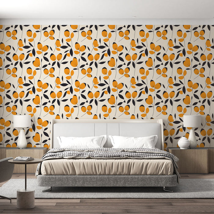Foto Behang bloemen oranje en zwart | Elegante blad- en bloempatronen op een crèmekleurige achtergrond