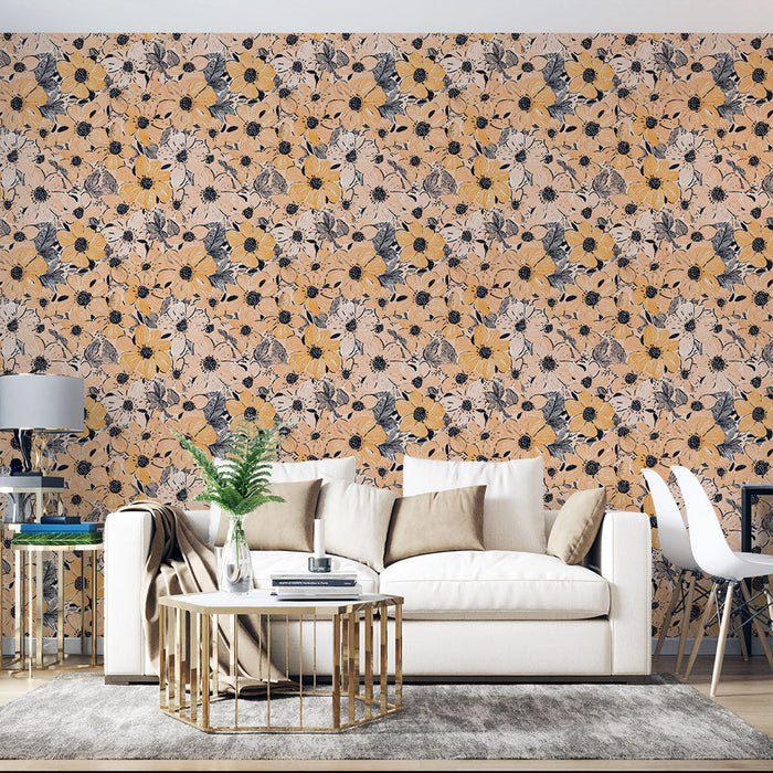 Fototapet cvjetni narančasti | Uzorak žutih i crnih cvjetova na breskvastoj pozadini