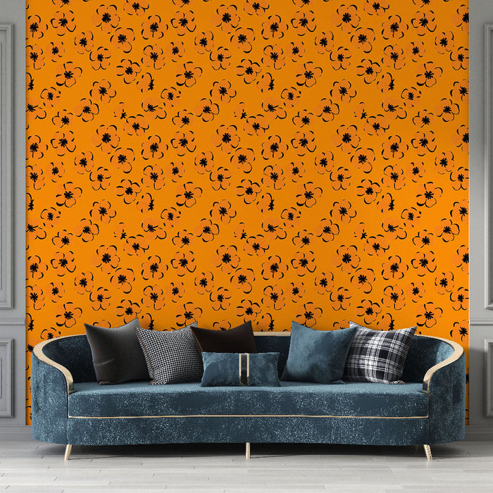 Tapete цветен с цветя | Черен цветя мотив на оранжев фон