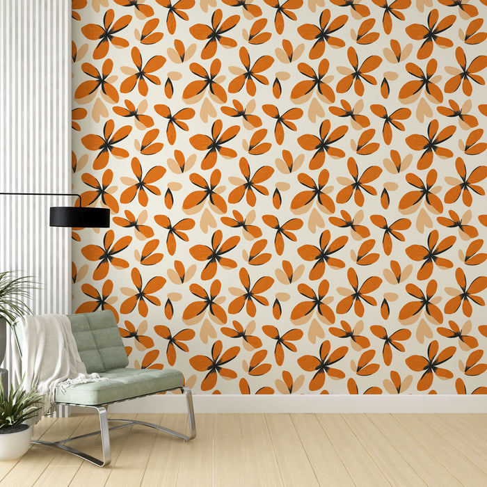 Tapet mural floral portocaliu | Model de flori portocalii și frunze delicate pe un fundal deschis