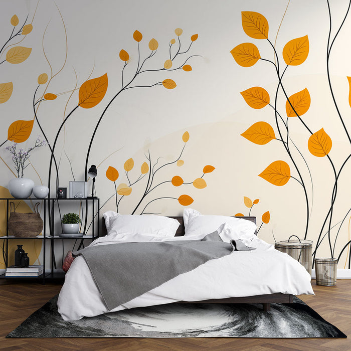 Mural Wallpaper floral orange | Elegant leaf patterns on a light background