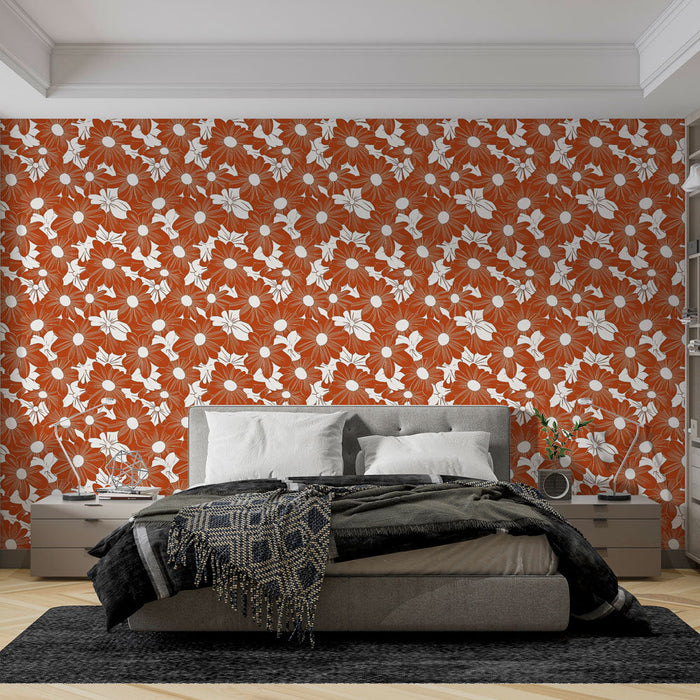 Mural Wallpaper floral orange | White flower patterns on terracotta background
