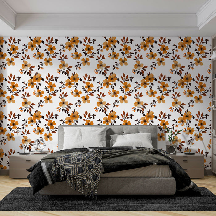 Papel de parede floral laranja | Motivos de flores douradas e folhas delicadas