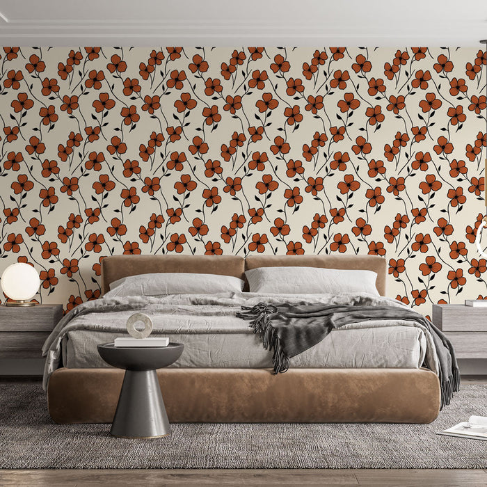 Mural Wallpaper floral orange | Orange flower patterns on a light background