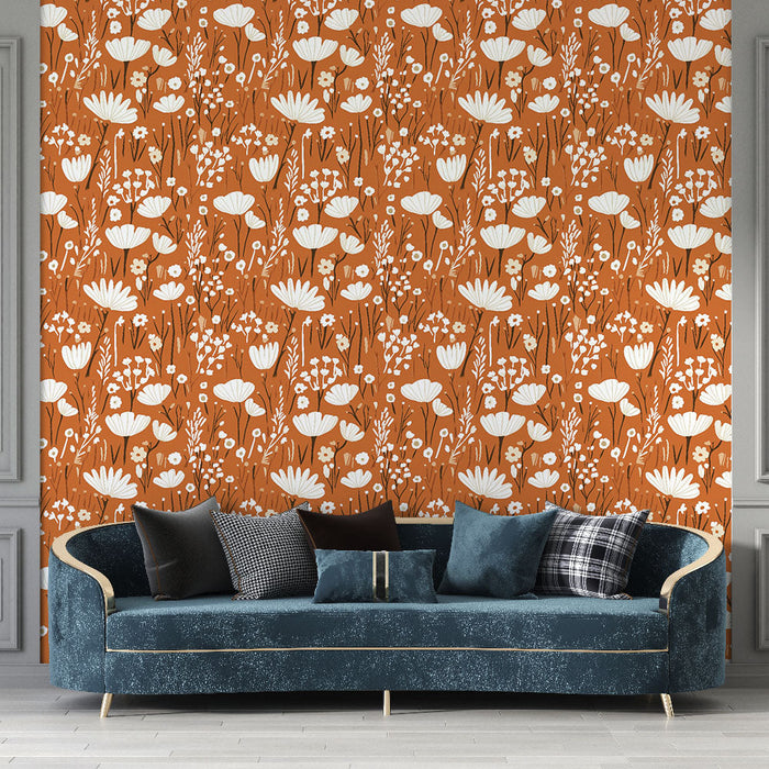 Tapete цветен с цветя | Мостри от множество бели цветя на теракотен фон