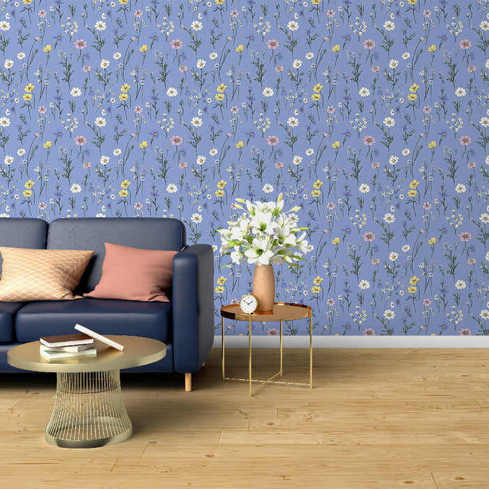 Fototapet blommig pastell | Charmigt motiv av delikata blommor på en blå bakgrund