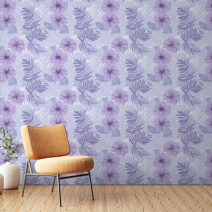 Carta da parati murale floreale pastello | Esplosione di fiori viola e fogliame delicato