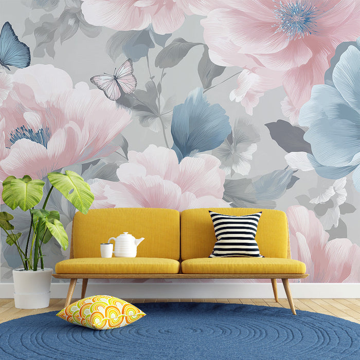 Papel de parede floral pastel | Flores rosa e azuis com delicadas borboletas