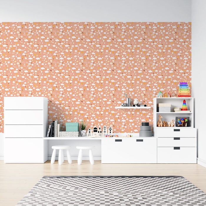 Mural Wallpaper floral pastel | Cloud, flower, and star patterns on a peach background