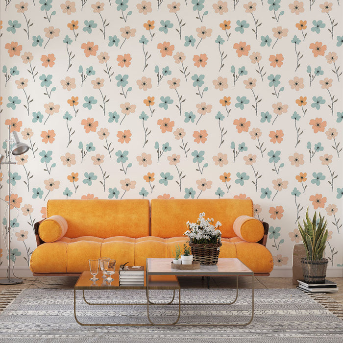 Blomstret Pastel Fototapet | Delikate mønstre af lyserøde og blå blomster på en cremefarvet baggrund