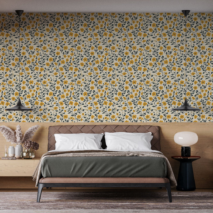 Floral Mural Wallpaper | Male žute cvjetove na krem ​​pozadini