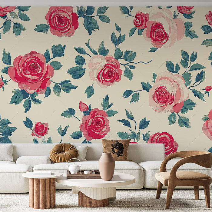 Mural Wallpaper | Several Bright Roses on Cream Background