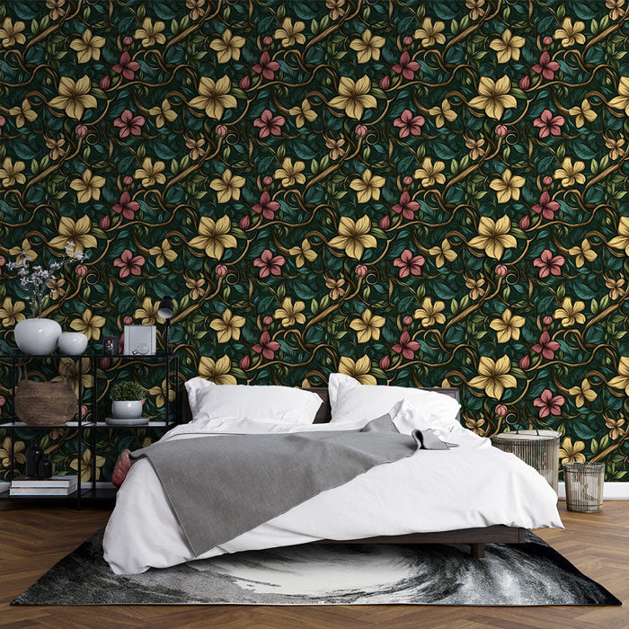 Mural Wallpaper floral rétro | Complex pattern of yellow and pink flowers on a green background