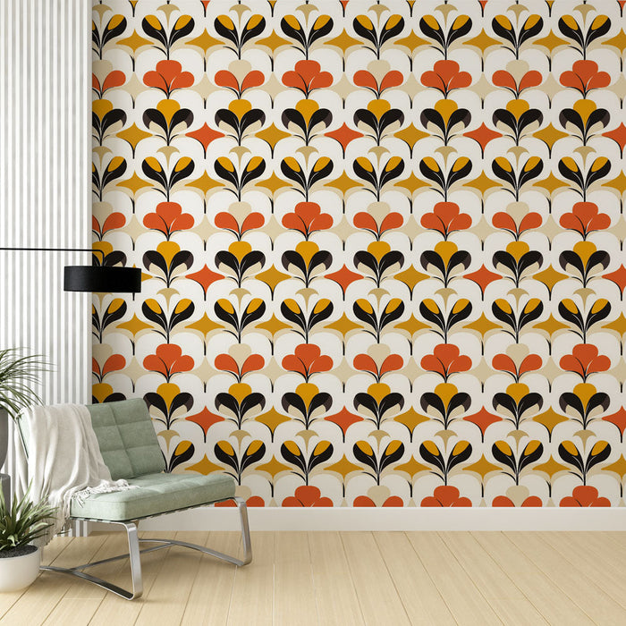 Tapetti kukallinen retro | Värikkäät kuviot oranssissa, mustassa ja keltaisessa vaalealla taustalla