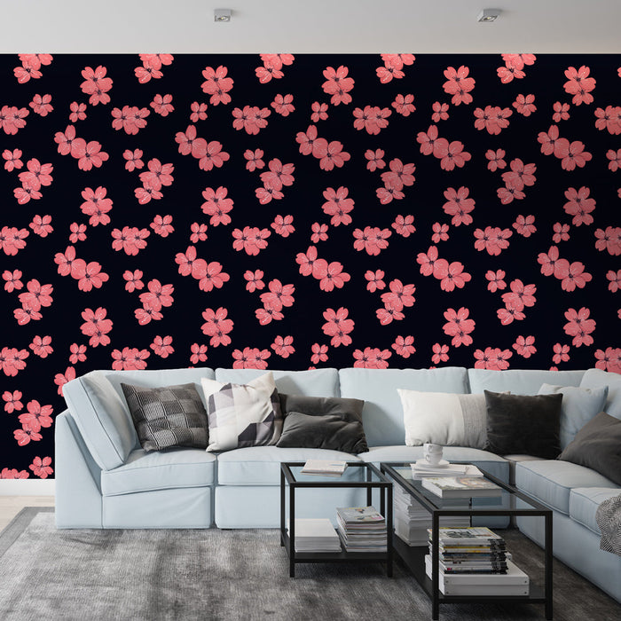 Mural Wallpaper floral rose | Charming motif of pink flowers on a black background