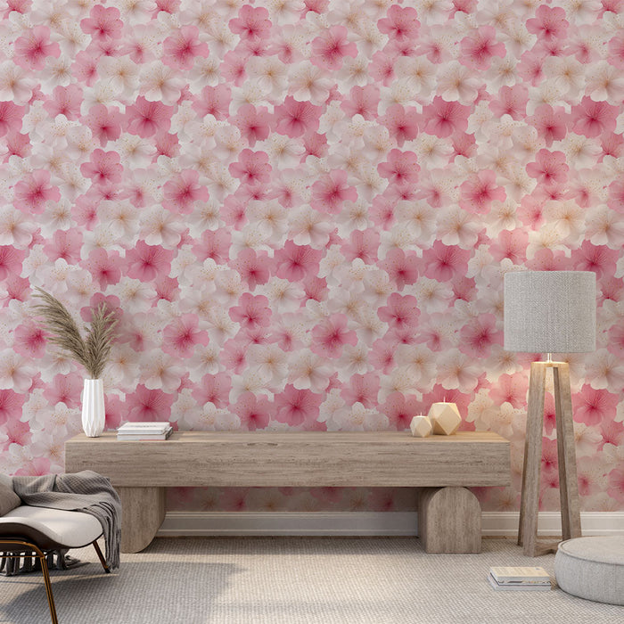 Mural Wallpaper floral rose | Bright pink and white flowers on a delicate background