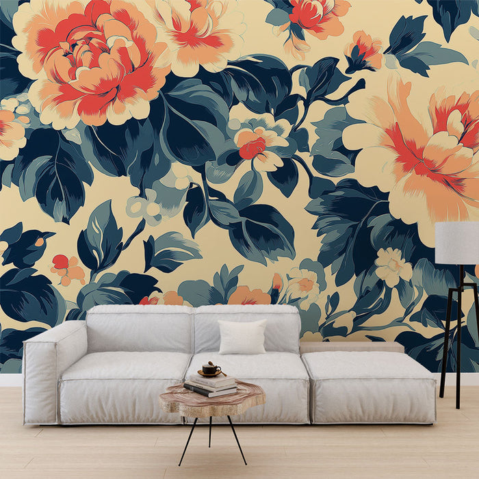 Mural Wallpaper floral | Pink and blue on cream background