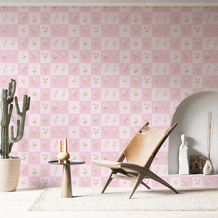 Papel de parede floral rosa | Padrão xadrez com flores delicadas