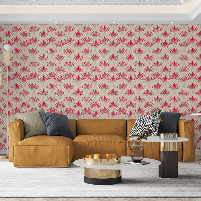 Mural Wallpaper floral rose | Geometric patterns of pink leaves on a cream background