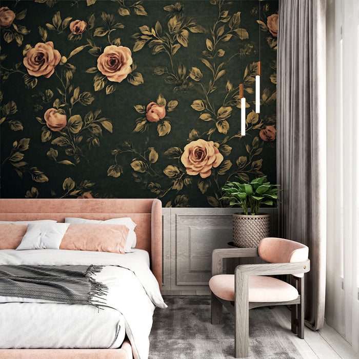 Seinatapeet | Kuldroosid sügaval rohelisel taustal