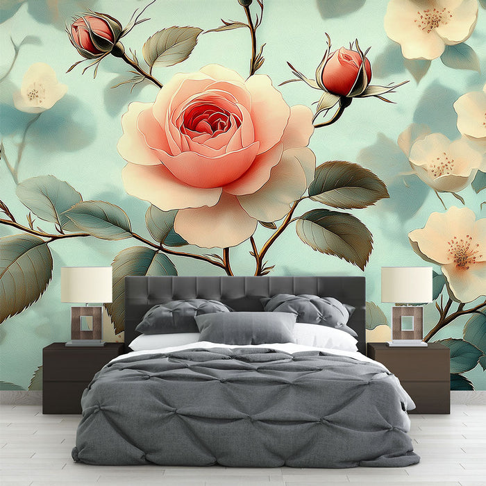 Fototapet | Gül ve beyaz çiçekler pastel bir arka planda