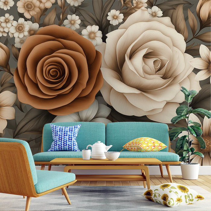 Papel pintado floral | Rosas y flores en tonos neutros