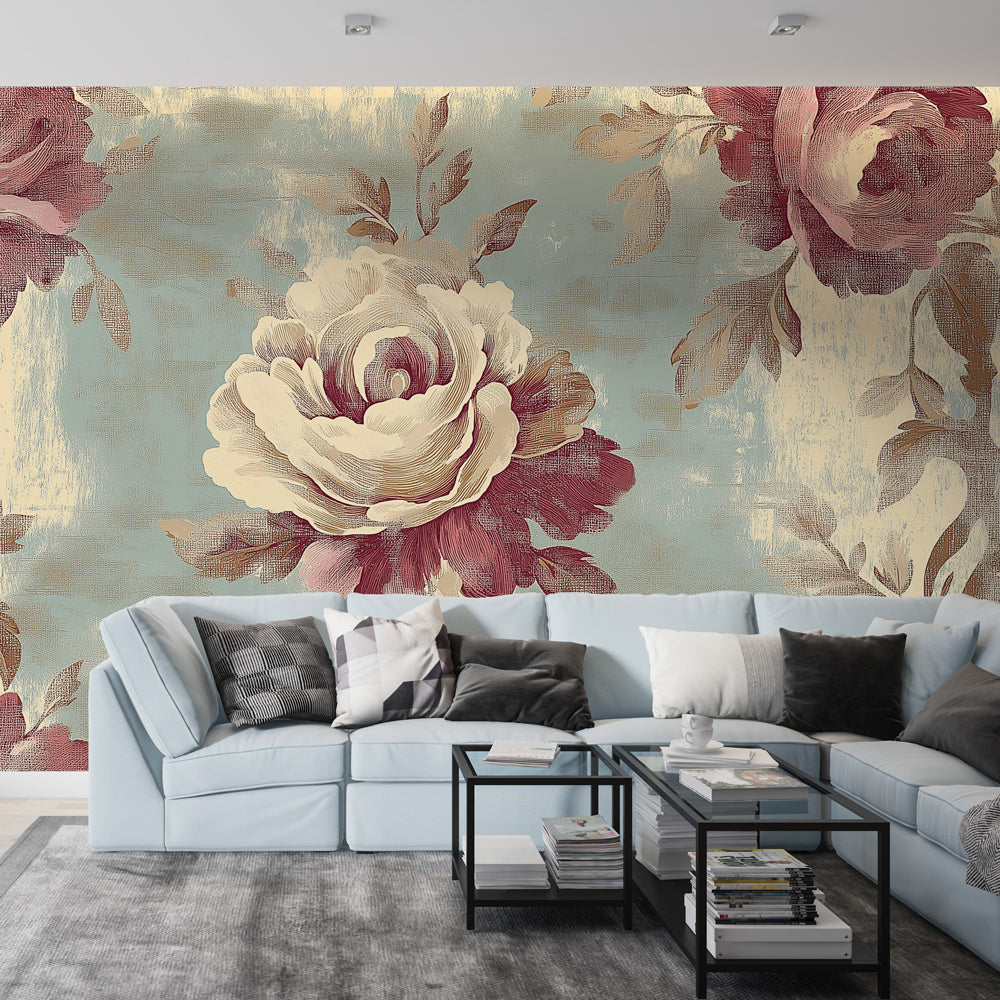 Carta da parati floreale | Rose romantiche su sfondo blu — WonderMural, image size:1000x1000