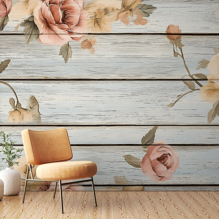 Papel pintado Floral | Rosas en un fondo de madera