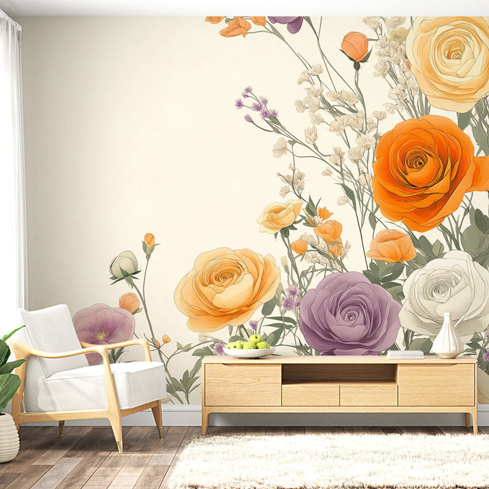 Mural Wallpaper floral | Fargerike roser på myk bakgrunn