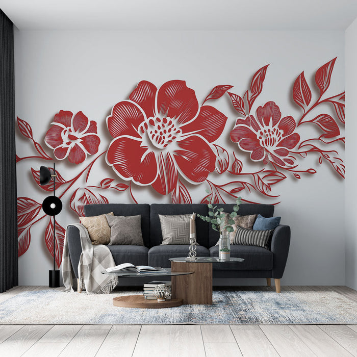 Червен тапет с цветя | Елегантни стилизирани цветя и детайлна зеленина