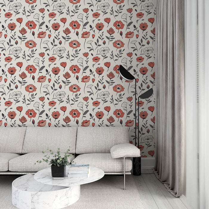 Papel pintado floral rojo y beige | Un delicado patrón de varias flores sobre un fondo neutro