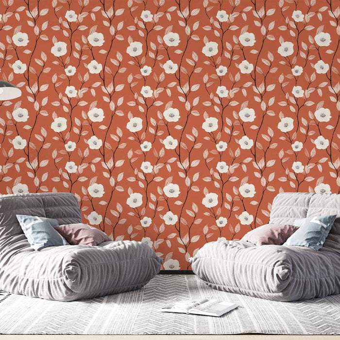Punainen kukkakuviotapetti | Valkoinen kukkakuvio lämpimällä terrakotan värisellä taustalla