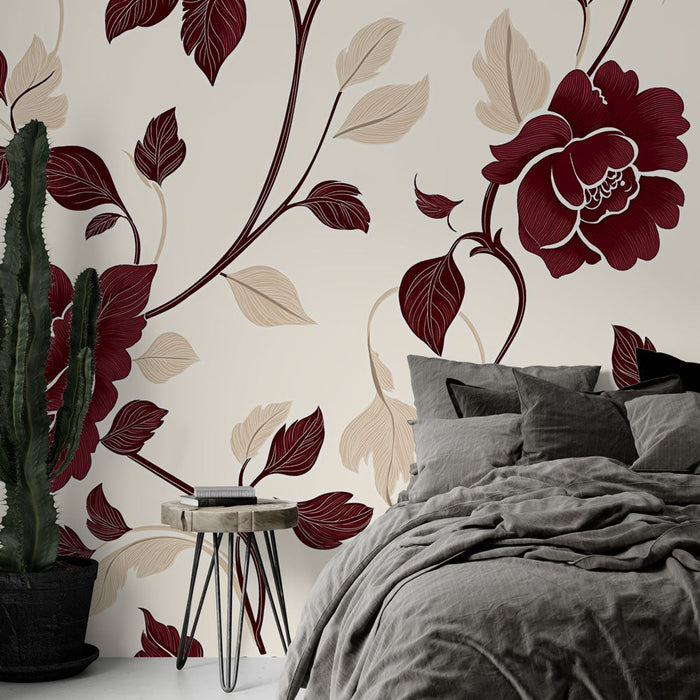 Червено флорално фототапет | Червен цветен мотив на бежов фон