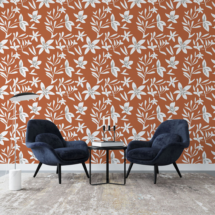 Tapeta z motywem kwiatowym w kolorze czerwonym | Elegancki wzór białych kwiatów na czerwonym tle