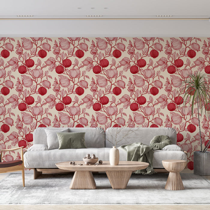 Floral red Mural Wallpaper | Delicate patterns of flowers and fruits on a cream background
