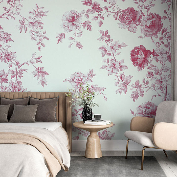 Rdeča cvetlična fototapeta | Nežni vzorci na belem ozadju