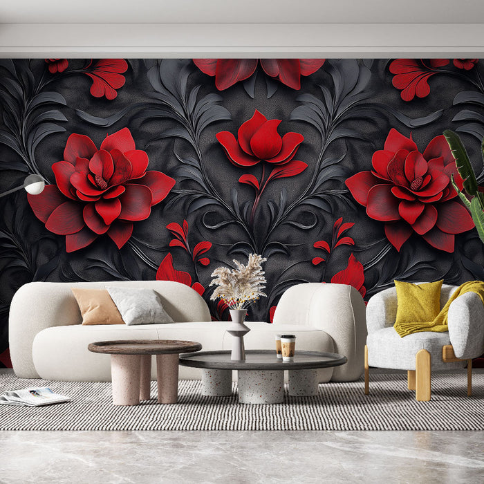 Papel pintado floral | Rojos elegantes y negro