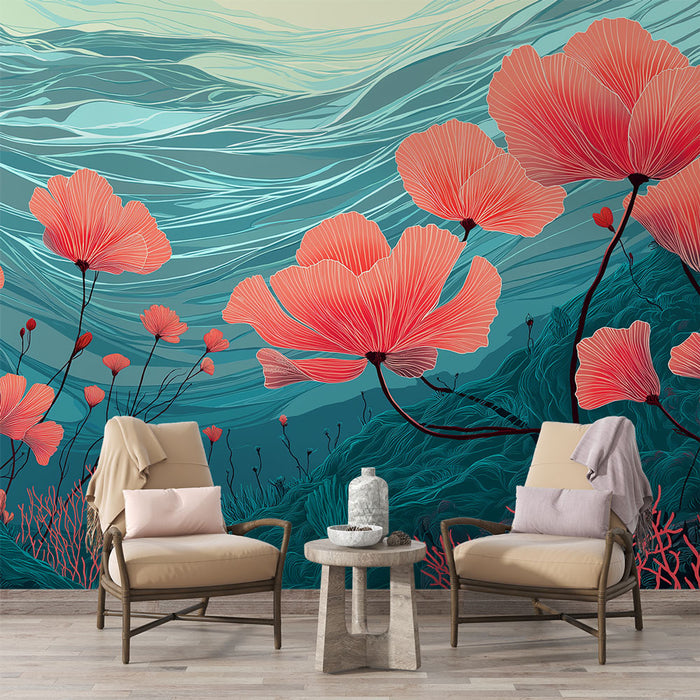 Fotótapéta virágos vízalatti | Piros virágok egy vízi háttéren