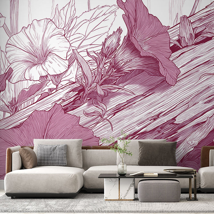 Kukkakuviotapetti puulla | Herkkä kukkakuvio ja teksturoitu puu