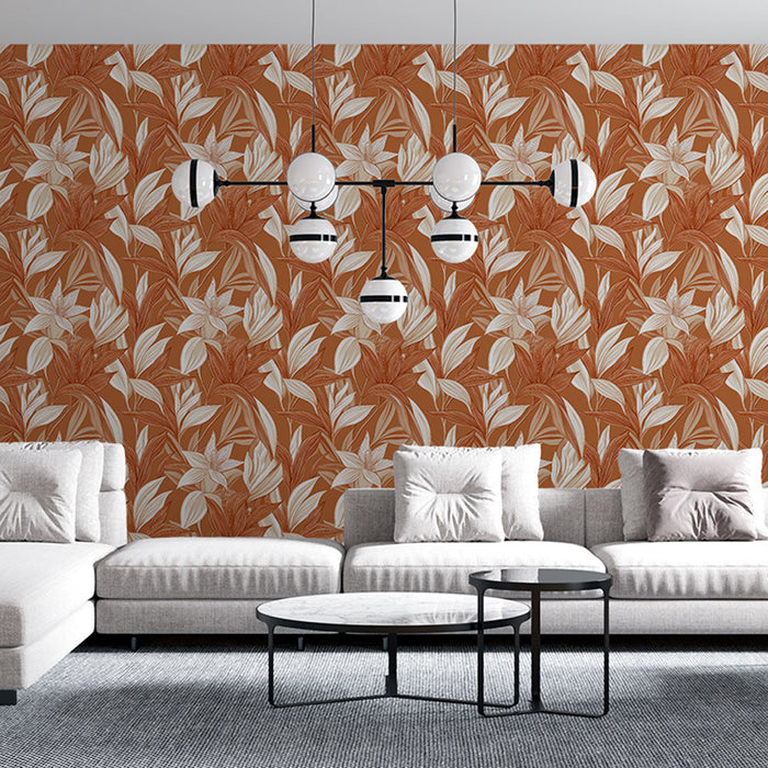 Cvjetni terakota zidni papir | Uzorci cvijeća i lišća na toplom pozadini