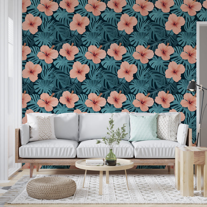 Fototapet tropisk blomst | Pink hibiscus blomster og frodigt løvwerk