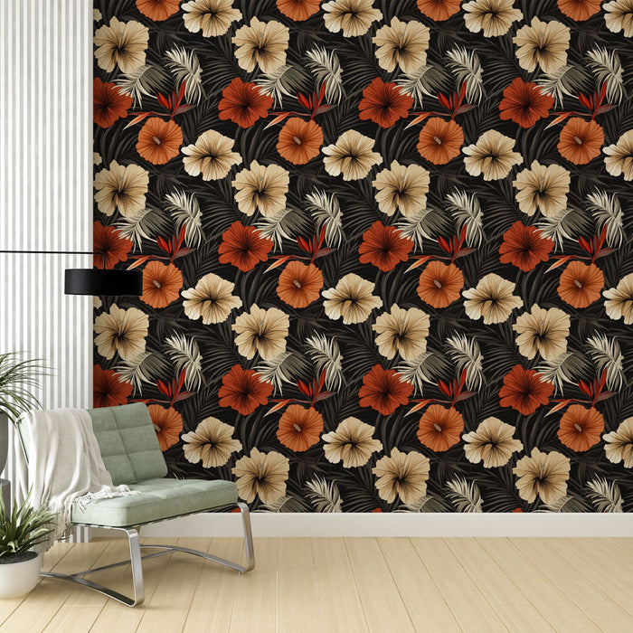 Tapete τροπικό λουλούδι | Εξωτικά λουλούδια και πολύχρωμα φύλλα σε μαύρο φόντο