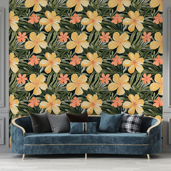 Foto Behang tropische bloemen | Gele en koraalbloemen op een donkere achtergrond